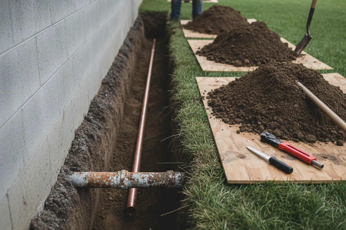 Excavated water line trench during Sewer Line Repair in Bee Spring